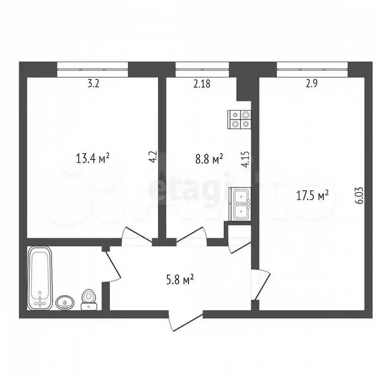 2-к. квартира, 50,5 м, 1/5 эт. - Фото 0
