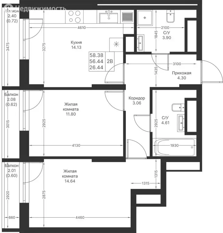 2-комнатная квартира: Казань, ЖК Мой Ритм (58.38 м) - Фото 2