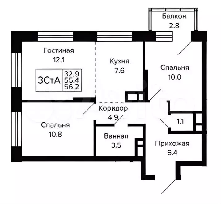 3-к. квартира, 56,2 м, 9/23 эт. - Фото 0