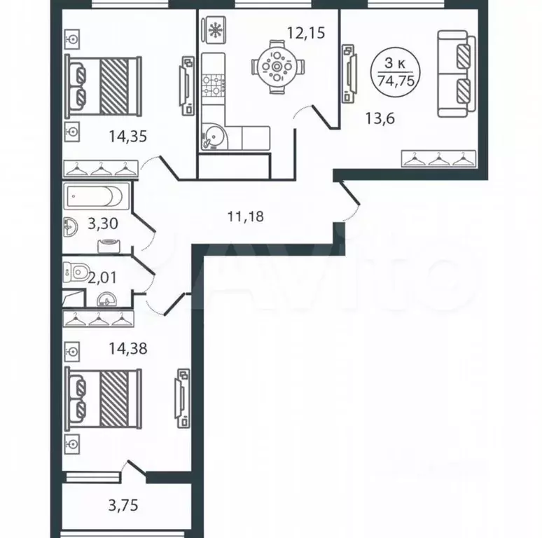 3-к. квартира, 75 м, 9/12 эт. - Фото 0