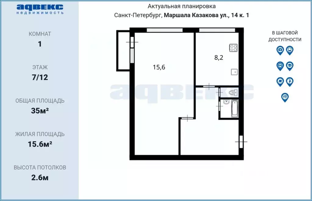 1-к кв. Санкт-Петербург ул. Маршала Казакова, 14К1 (35.0 м) - Фото 2