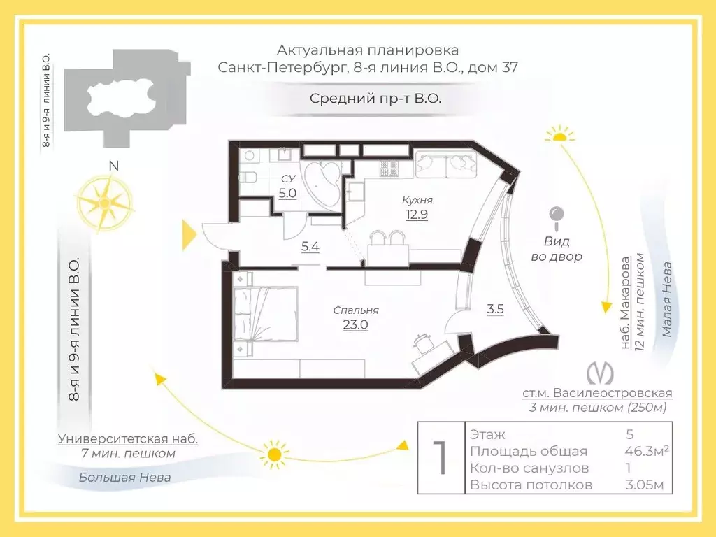 1-к кв. Санкт-Петербург 8-я Васильевского острова линия, 37 (46.3 м) - Фото 2