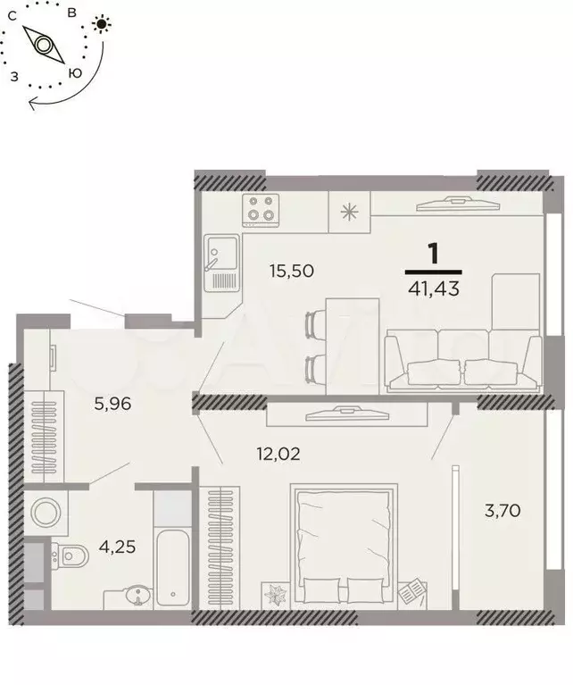 1-к. квартира, 41,4 м, 10/25 эт. - Фото 1
