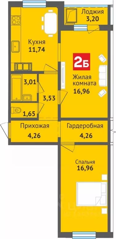 2-к кв. Чувашия, Чебоксары ул. Богдана Хмельницкого, 129 (65.56 м) - Фото 1