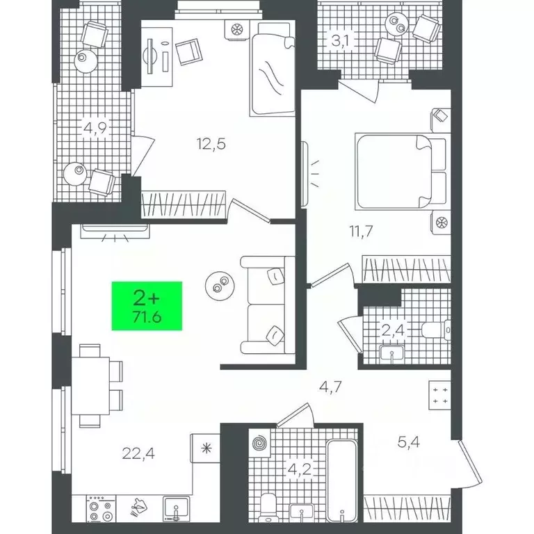 2-к кв. Тюменская область, Тюмень ул. Василия Малкова, 19 (71.63 м) - Фото 0