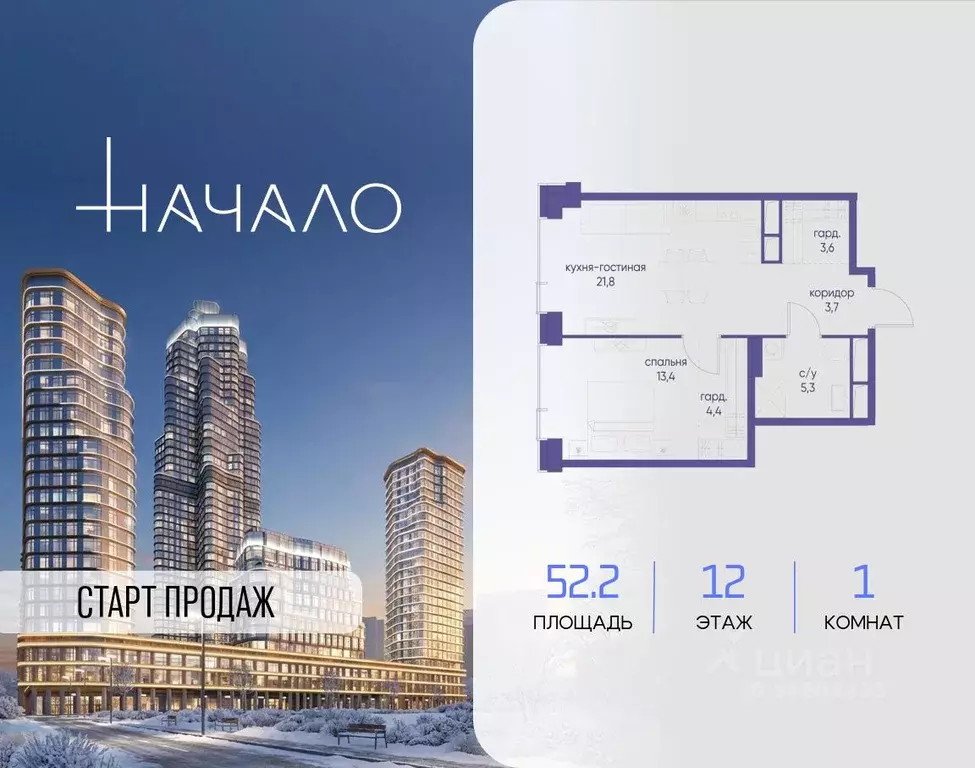 1-к кв. Москва Начало жилой комплекс (52.2 м) - Фото 1