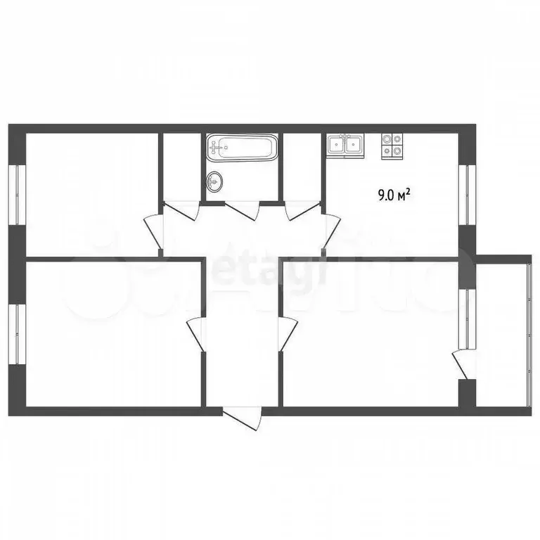 3-к. квартира, 61,6 м, 9/9 эт. - Фото 0