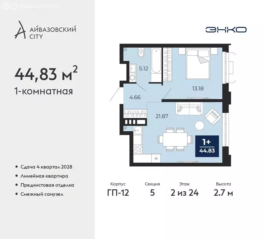 1-комнатная квартира: Тюмень, ЖК Айвазовский Сити (44.83 м) - Фото 1