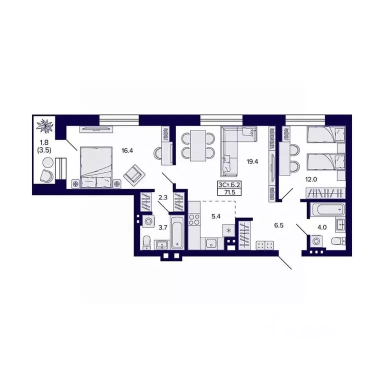 3-к кв. Новосибирская область, Новосибирск 18-й Бронный пер., 16 (71.5 ... - Фото 2