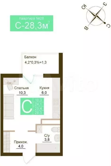 Квартира-студия, 28,3 м, 5/12 эт. - Фото 1