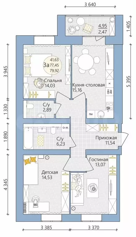 3-к. квартира, 79,9 м, 14/16 эт. - Фото 0