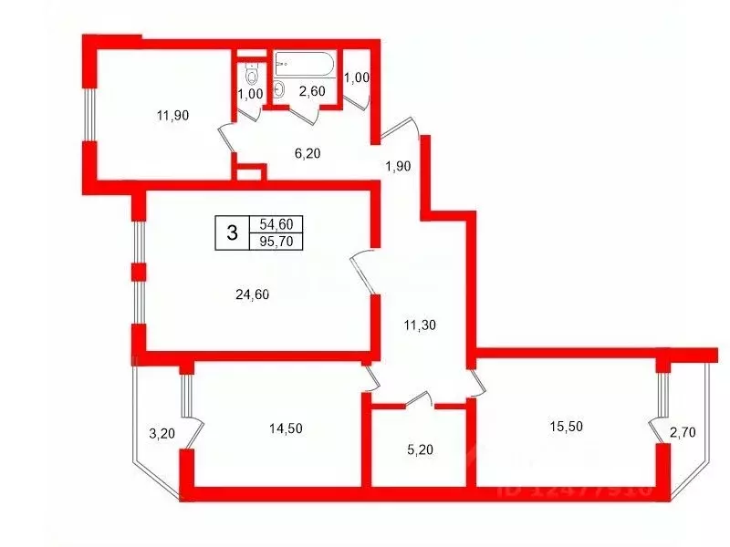 3-к кв. Санкт-Петербург ул. Маршала Захарова, 18к1 (95.7 м) - Фото 2