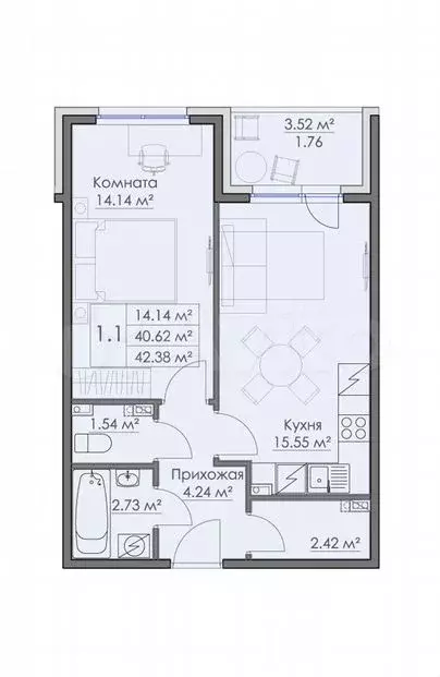 1-к. квартира, 42,4м, 3/3эт. - Фото 0