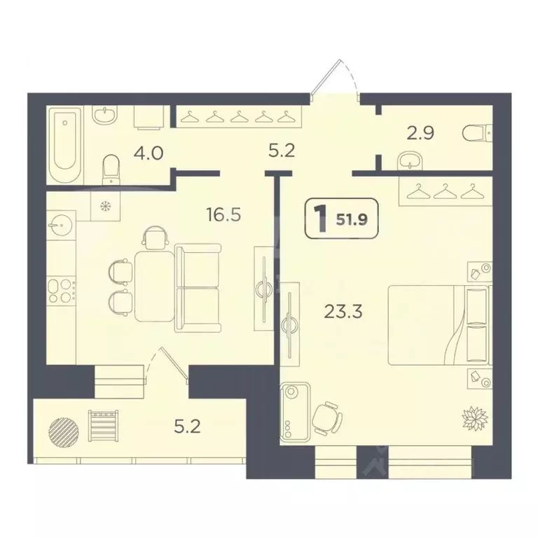 1-к кв. Тюменская область, Тюмень ул. 50 лет Октября, 75к4 (51.9 м) - Фото 2