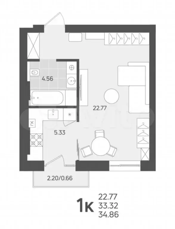 1-к. квартира, 33,3м, 2/3эт. - Фото 1