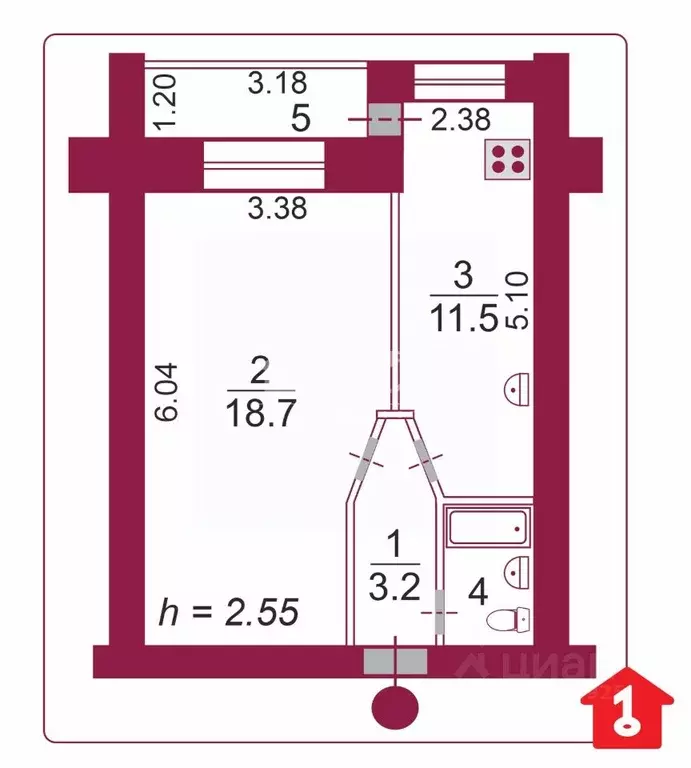 1-к кв. Омская область, Омск ул. Масленникова, 45 (37.4 м) - Фото 2