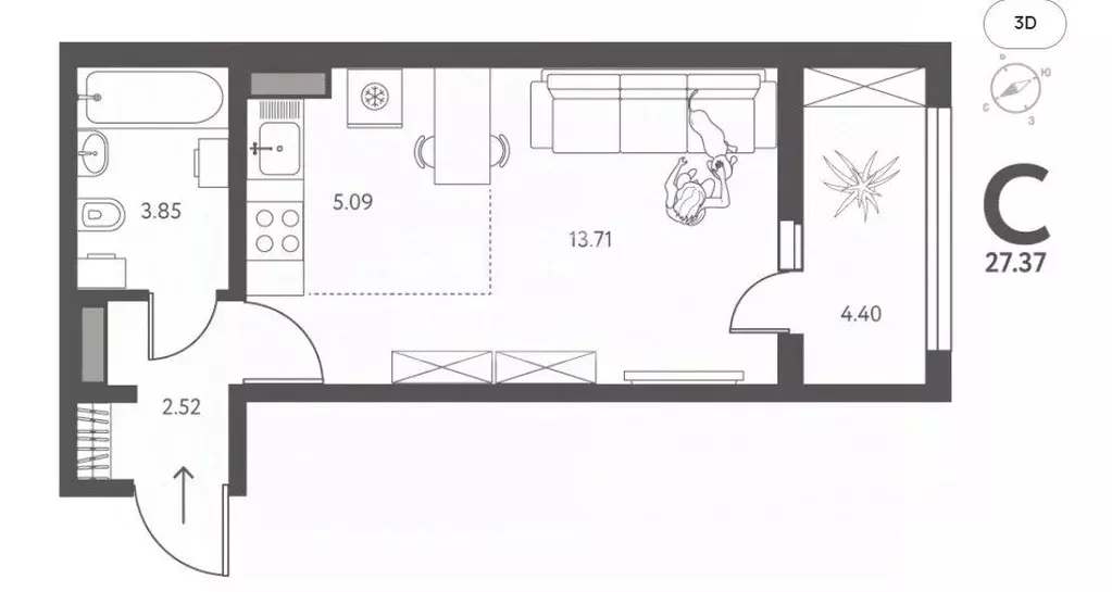 Студия Липецкая область, Липецк ул. Перова, 2Д (27.37 м) - Фото 2