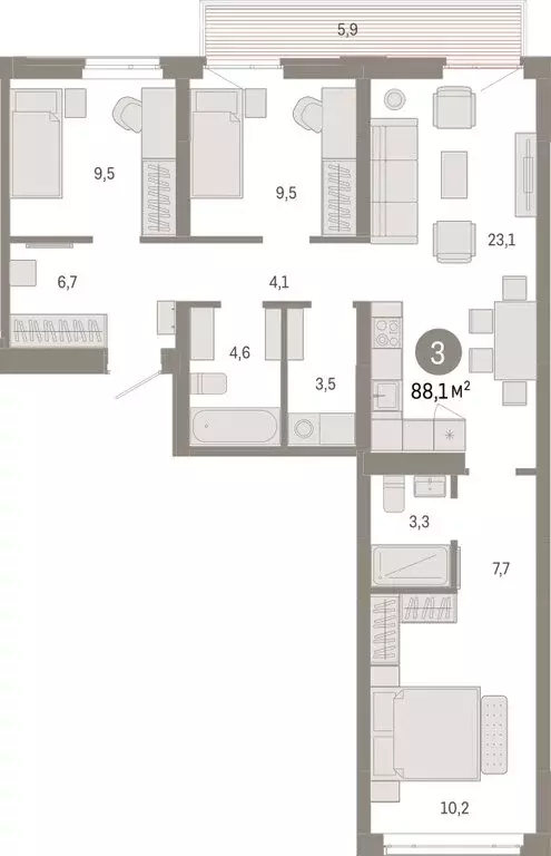 3-комнатная квартира: Тюмень, Ленинский округ (88.09 м) - Фото 1