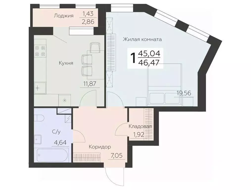 1-к кв. Воронежская область, Воронеж Ленинградская ул., 29Б (46.47 м) - Фото 0
