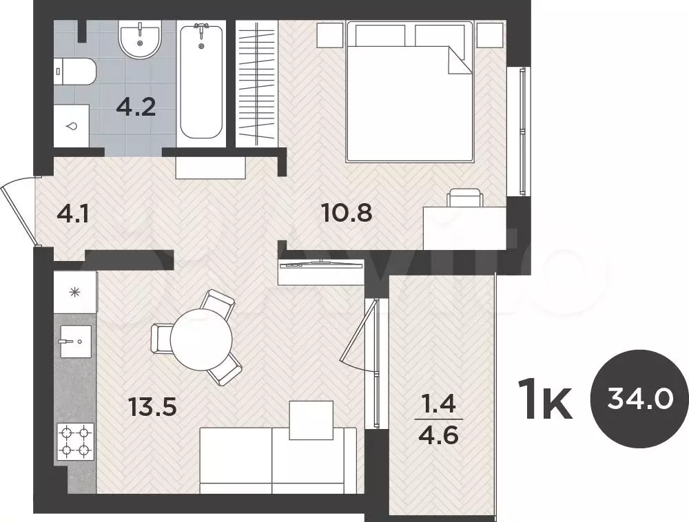 1-к. квартира, 34 м, 1/9 эт. - Фото 0