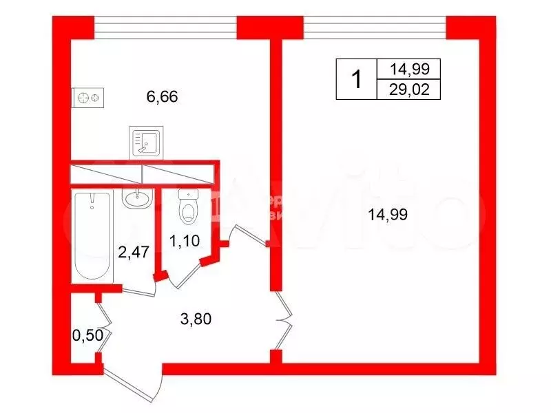 1-к. квартира, 29 м, 5/9 эт. - Фото 0
