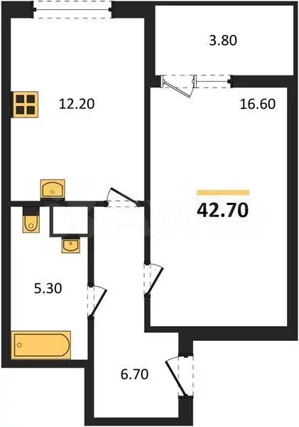 1-к. квартира, 42,7 м, 1/4 эт. - Фото 1