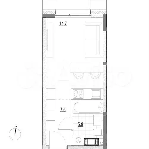 Апартаменты-студия, 22,1м, 3/7эт. - Фото 0