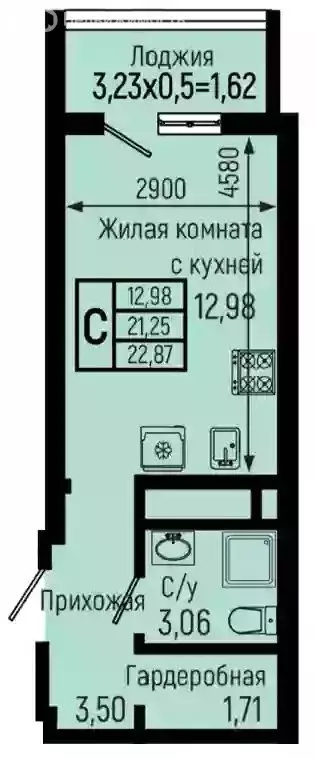Квартира-студия: село Небуг, Спортивная улица (22.87 м) - Фото 1