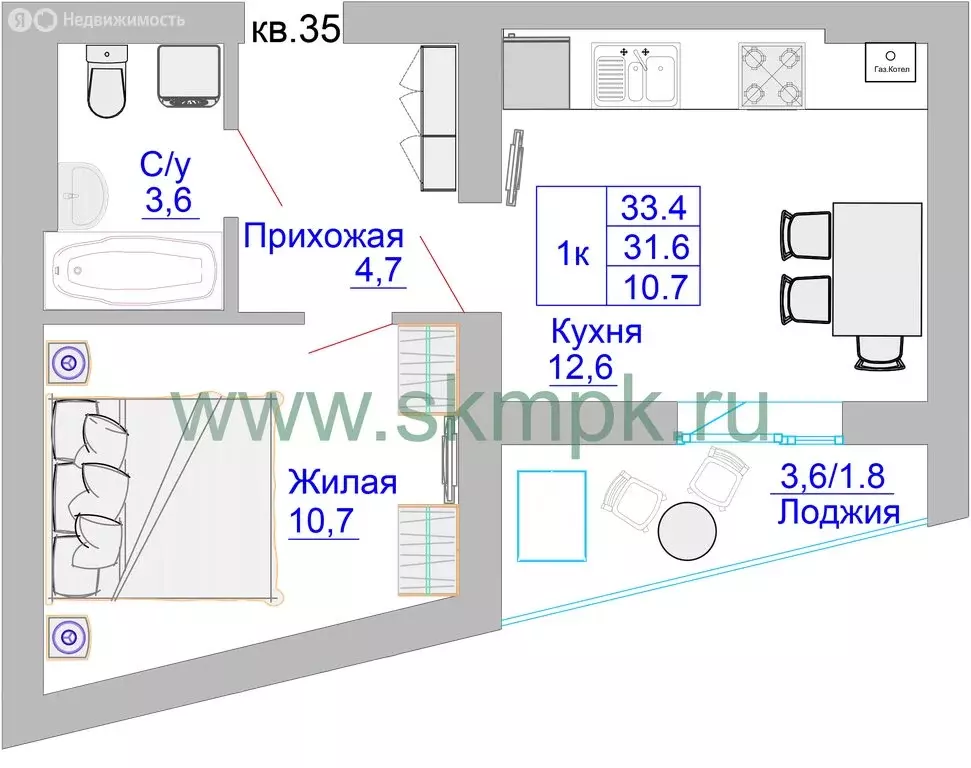 1-комнатная квартира: Калининград, Печатная улица, 49 (33.4 м) - Фото 0