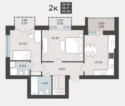 2-к. квартира, 63,4 м, 9/9 эт. - Фото 1
