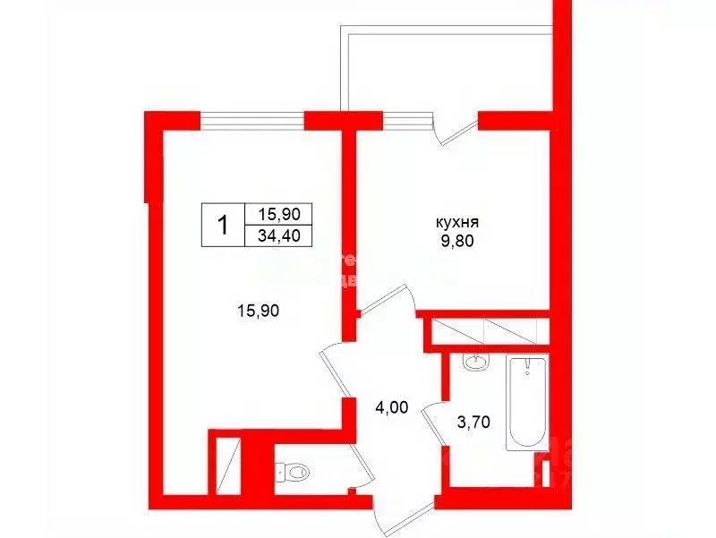 Квартира, 1 комната, 34.4 м - Фото 0