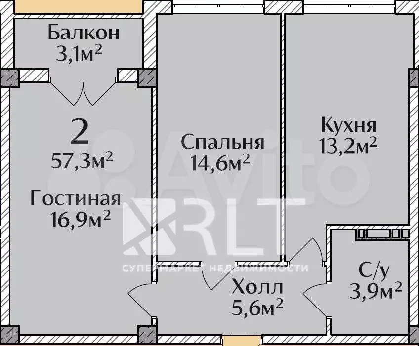 2-к. квартира, 57,3 м, 1/3 эт. - Фото 0