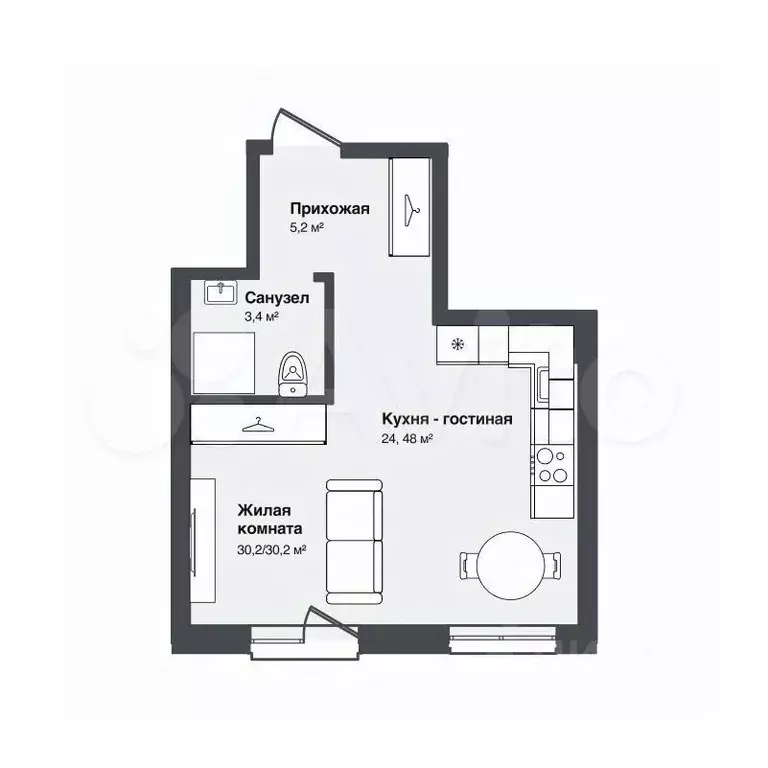 Квартира-студия, 30,2 м, 1/3 эт. - Фото 0