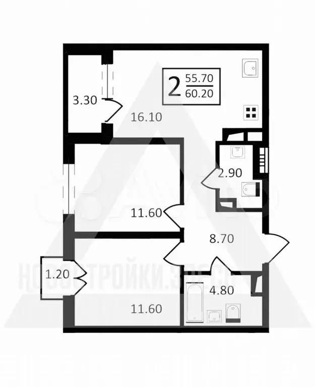 2-к. квартира, 60,2 м, 2/9 эт. - Фото 1