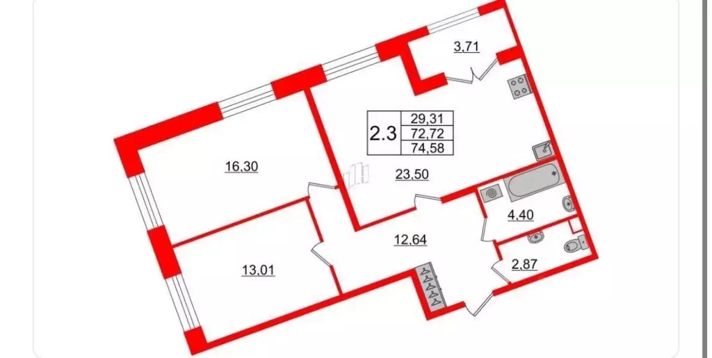 2-к кв. Санкт-Петербург Уральская ул., 23 (74.58 м) - Фото 1