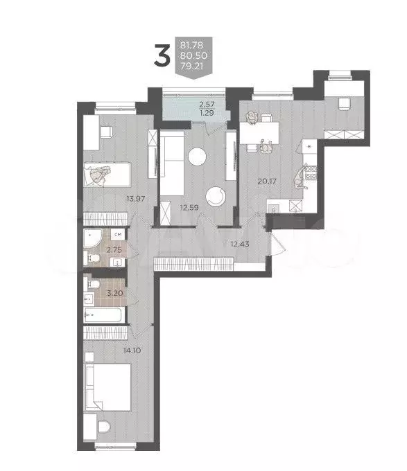 3-к. квартира, 81,8 м, 8/9 эт. - Фото 1