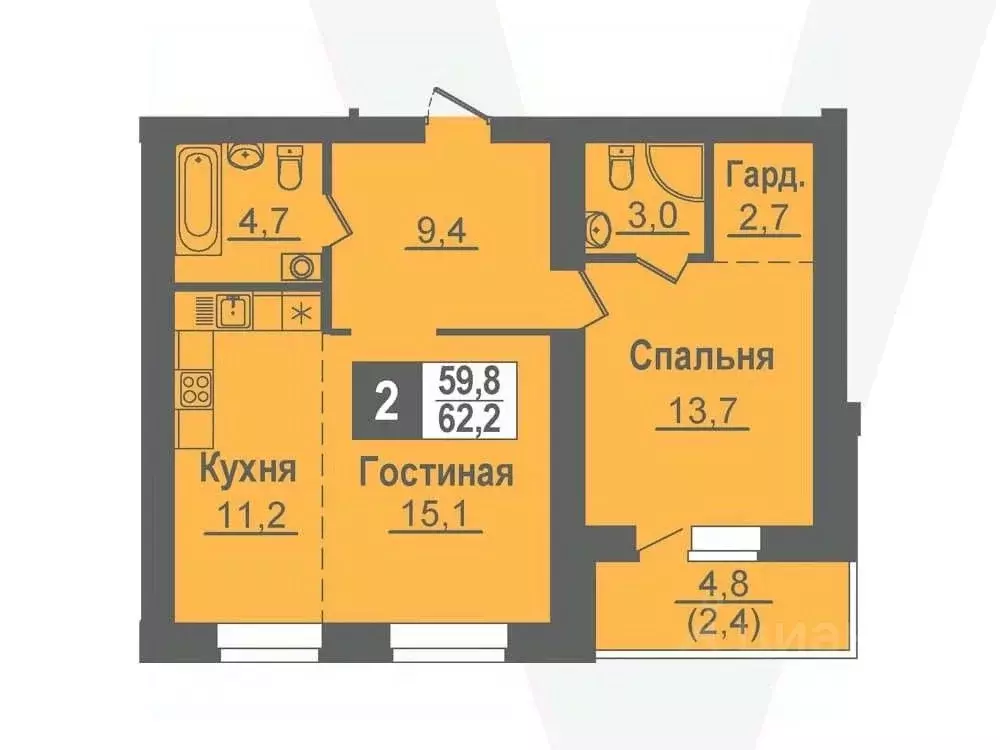 2-к кв. Новосибирская область, Кольцово рп ул. Благовещенская, 2 (62.2 ... - Фото 0