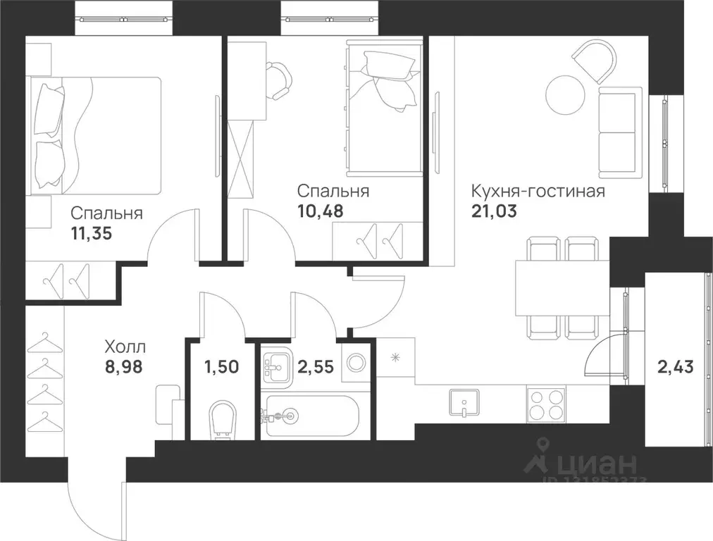 2-к кв. Тульская область, Тула Новая Тула мкр,  (58.32 м) - Фото 0