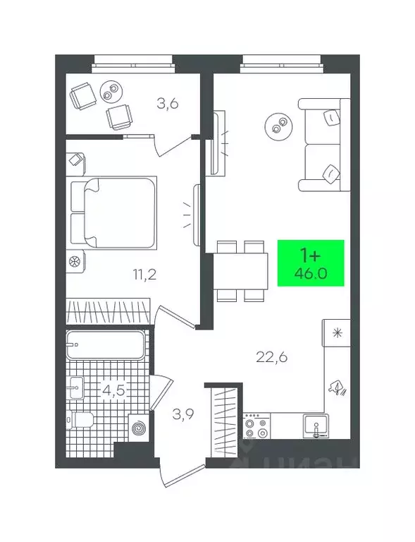 1-к кв. Тюменская область, Тюмень ул. Василия Малкова, 19 (46.08 м) - Фото 0