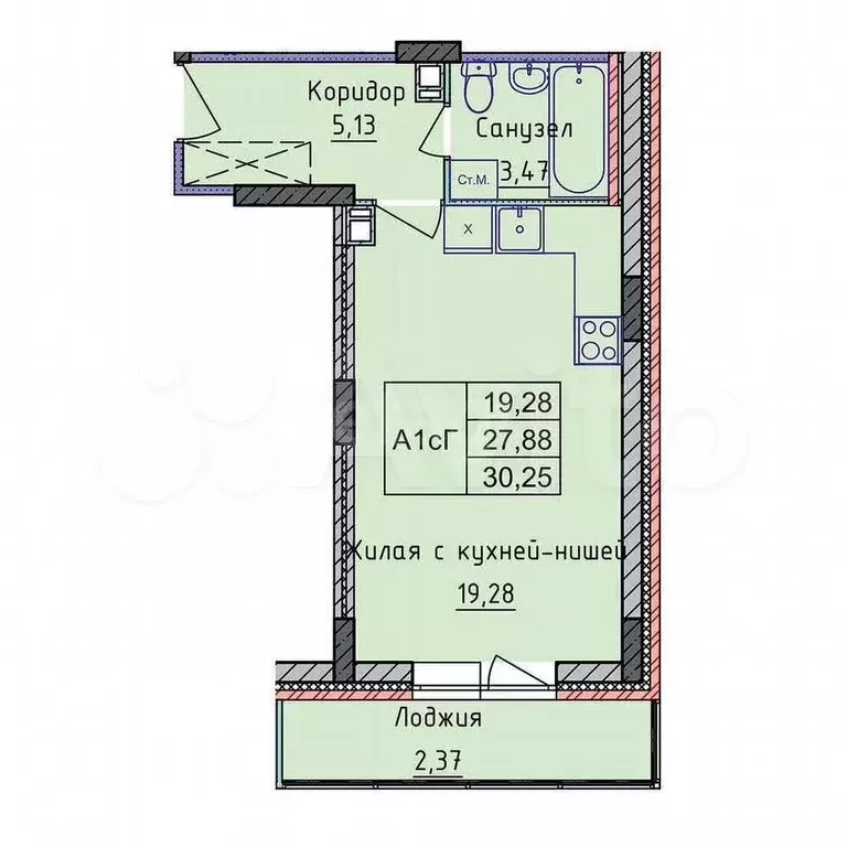 Квартира-студия, 27,8 м, 4/8 эт. - Фото 1