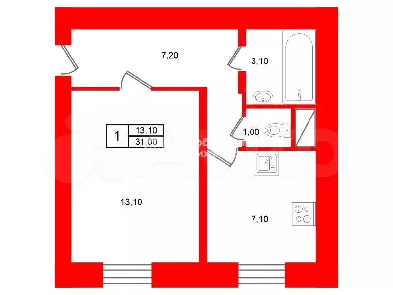 1-к. квартира, 31 м, 2/5 эт. - Фото 0