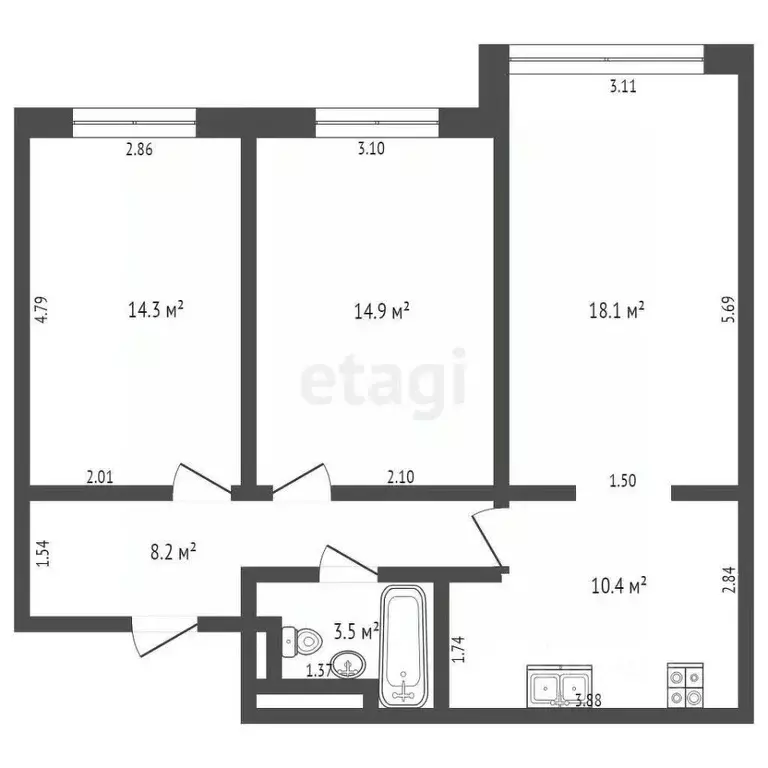 3-к кв. Кемеровская область, Кемерово ул. Мичурина, 58к1 (72.3 м) - Фото 2