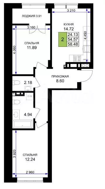 2-к. квартира, 58,5 м, 6/7 эт. - Фото 1