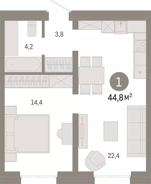 1-комнатная квартира: Екатеринбург, улица Советских Женщин (44.8 м) - Фото 1