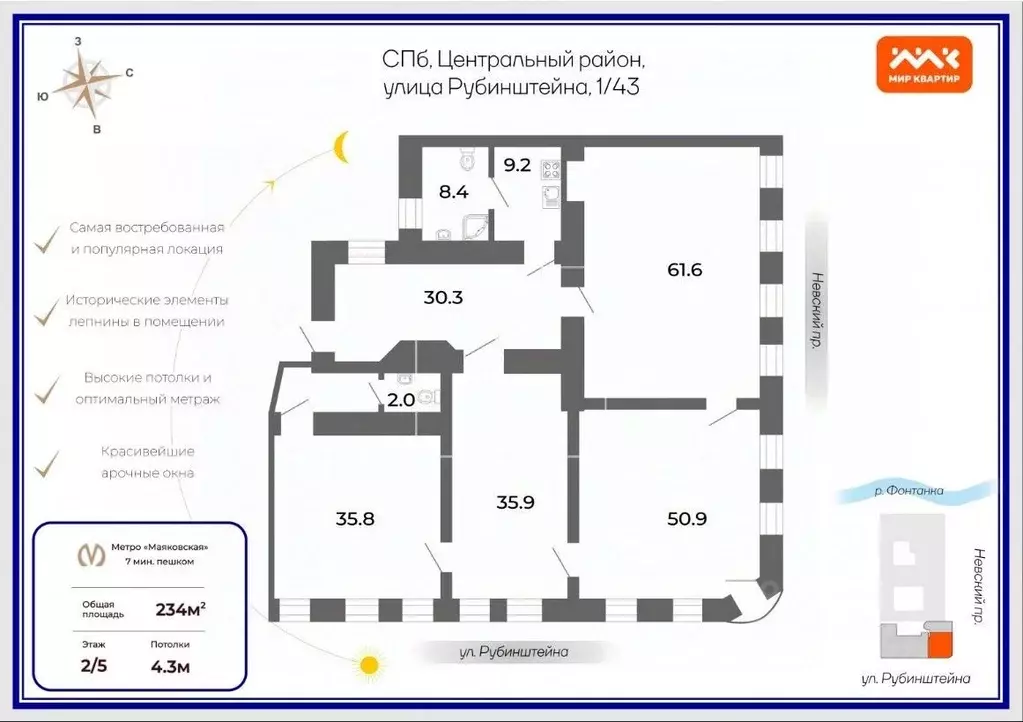 Офис в Санкт-Петербург ул. Рубинштейна, 1/43 (235 м) - Фото 1