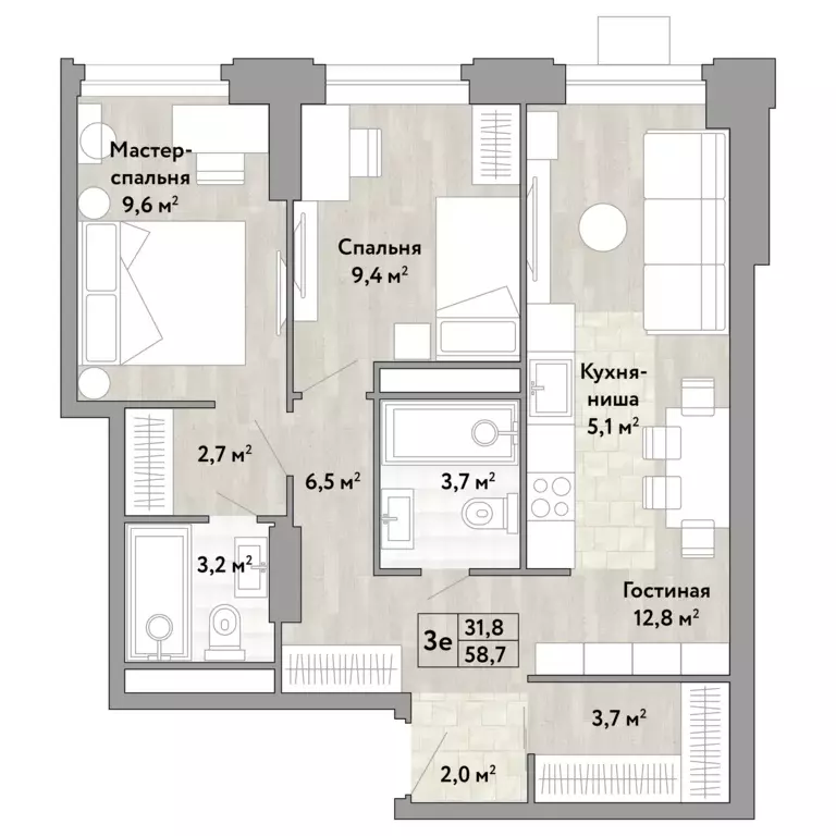 2-к квартира, 58.7 м - Фото 0