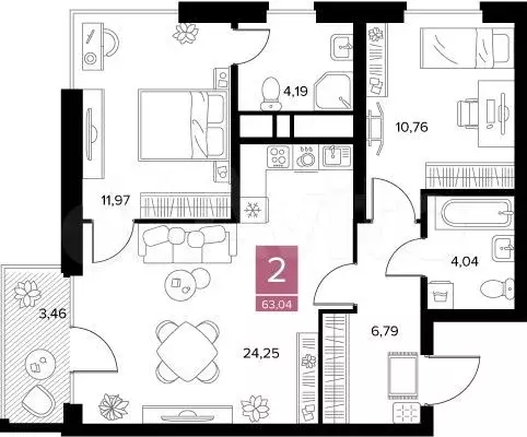 2-к. квартира, 63 м, 7/9 эт. - Фото 0