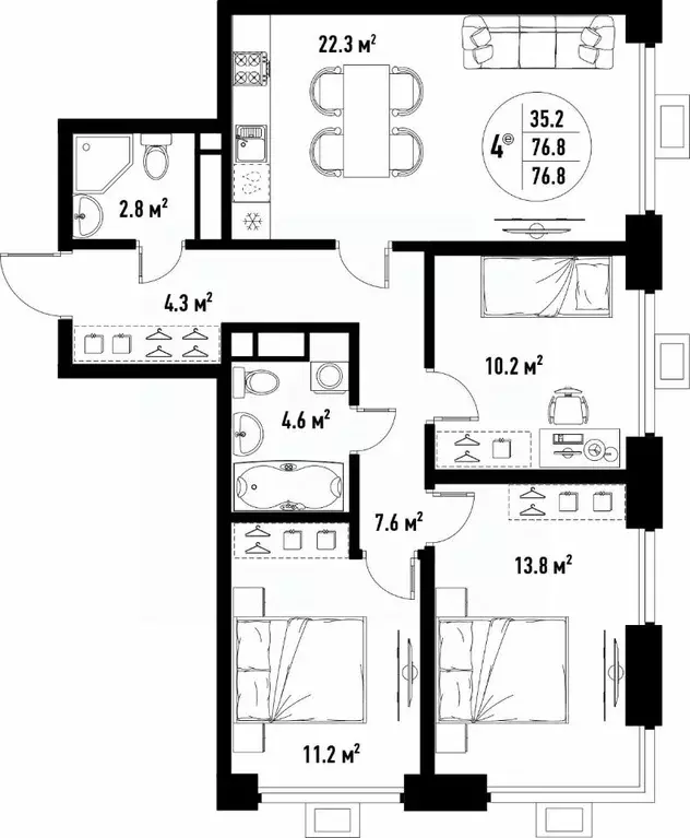 4-к кв. Астраханская область, Астрахань ул. Бэра, 29 (76.8 м) - Фото 2