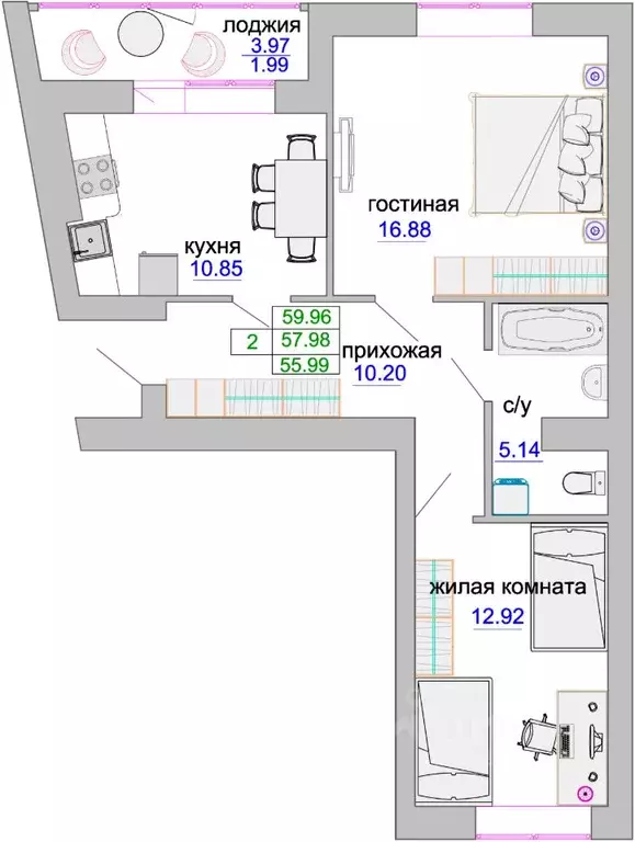 2-к кв. Калининградская область, Зеленоградск ул. Тургенева, 16А (58.4 ... - Фото 0