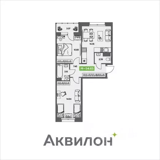 2-к кв. Архангельская область, Северодвинск  (54.65 м) - Фото 0